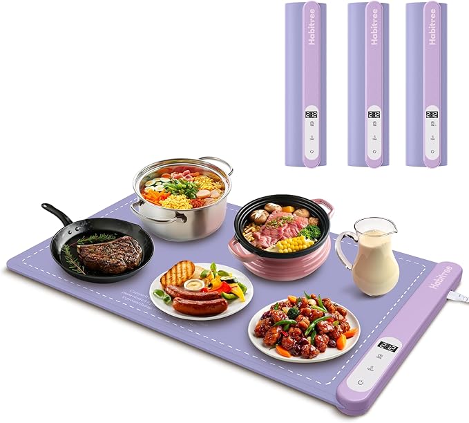 3-Pack Silicone Food Warming Mat & Food Warmers for Parties Buffet - Rapid Heating 6-Level Temp Control, Rollable Portable Easy Clean - Value Set for Gatherings & Home Daily UseοΌPurpleοΌ