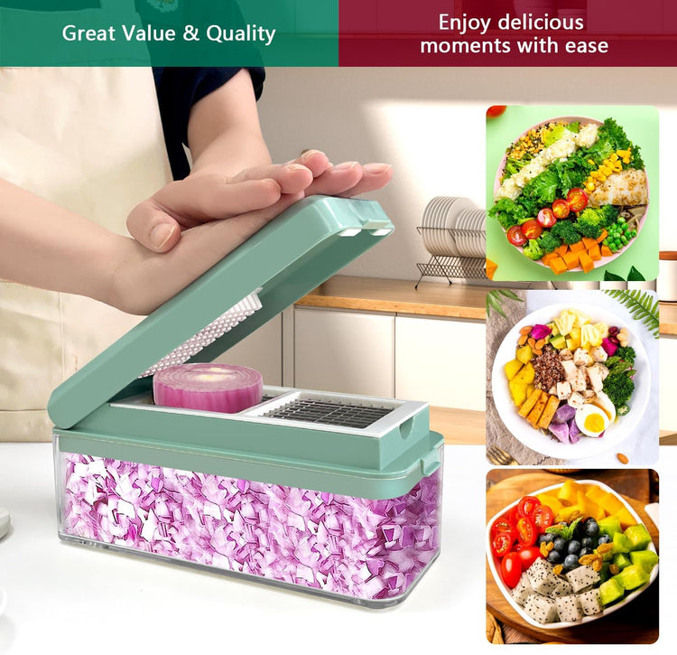 Vegetable Chopper, Onion Dicer, Mandoline Slicer, Food Chopper with Container, Vegetable Cutter for Salad Potato Carrot Garlic(2 Blades, Blue White)