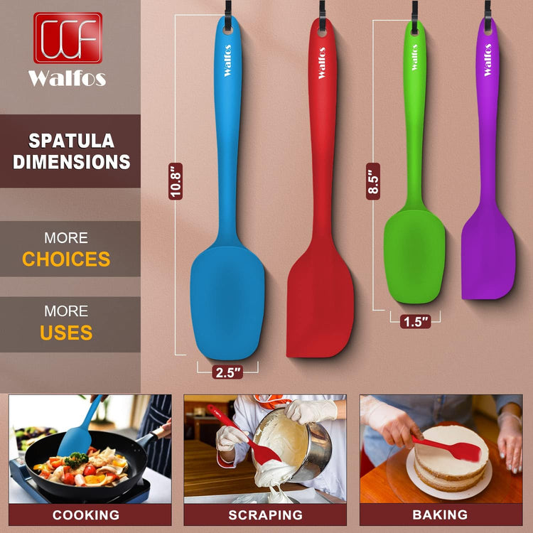 Walfos Silicone Spatula Set of 4(600°F),Heat Resistant Kitchen Silicone Scraper Spatulas, Strong Steel Core and One-Pieces Seamless Design, For Cooking Mixing & Baking,BPA Free & Dishwasher Safe