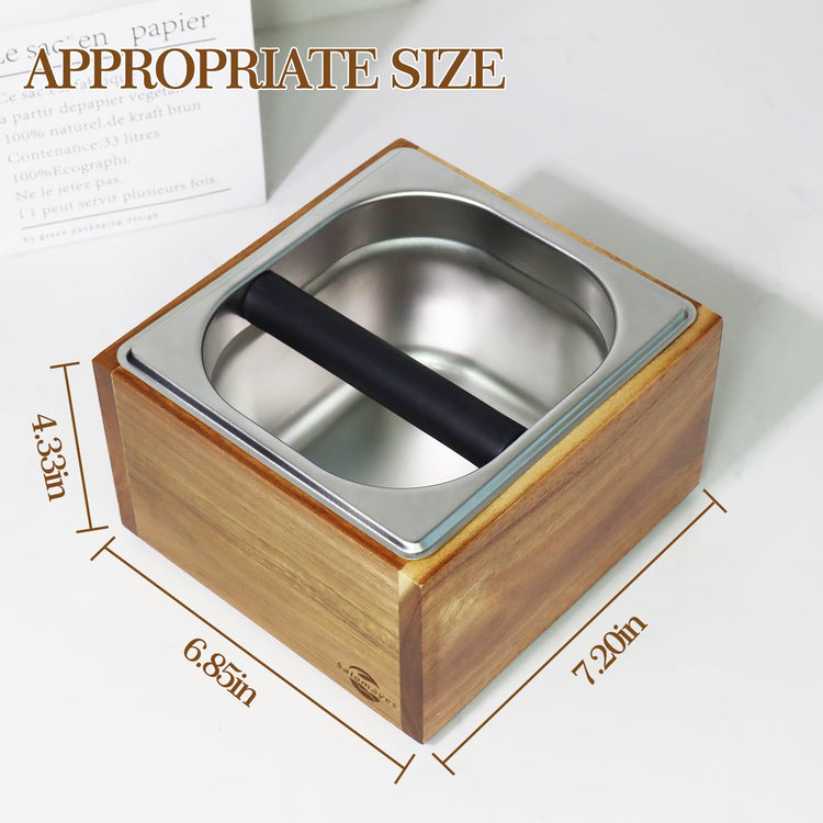Large Acacia Wood Espresso Knock Box with Stainless Steel Interior