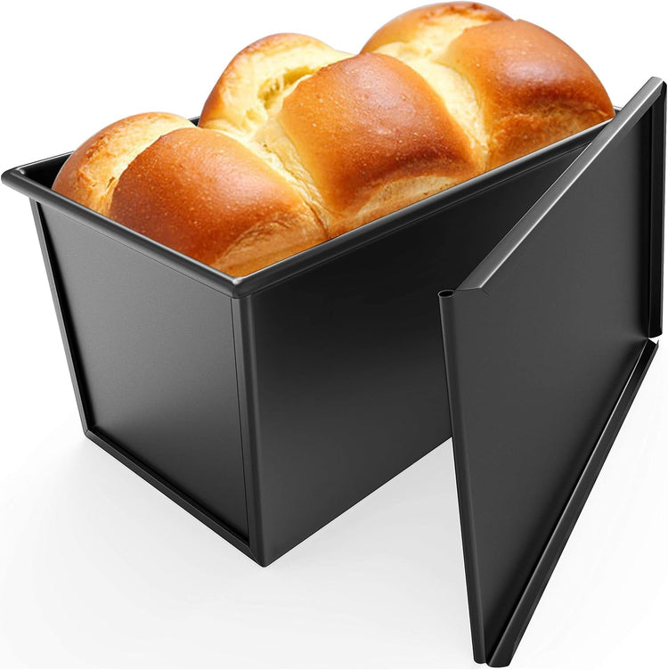 CHEFMADE Pullman Loaf Pan with Lid, 1Lb Dough Capacity Non-Stick Rectangle Flat Bread Pan, Carbon Steel Bakeware Toast Mold with Cover for Baking Bread - Black