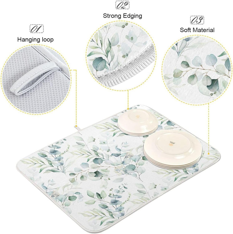 Green Sage Eucalyptus Leaves Dish Drying Mat for Kitchen Counter Absorbent Microfiber Drying Pad, Medium 16x18 in, Reversible Drainer Mats