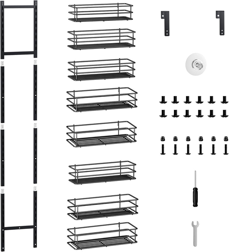 Pantry Door Organizer 12 Inch Wide, 8 Tier Hanging Adjustable Over the Door Spice Rack For Narrow Space,Matt Black