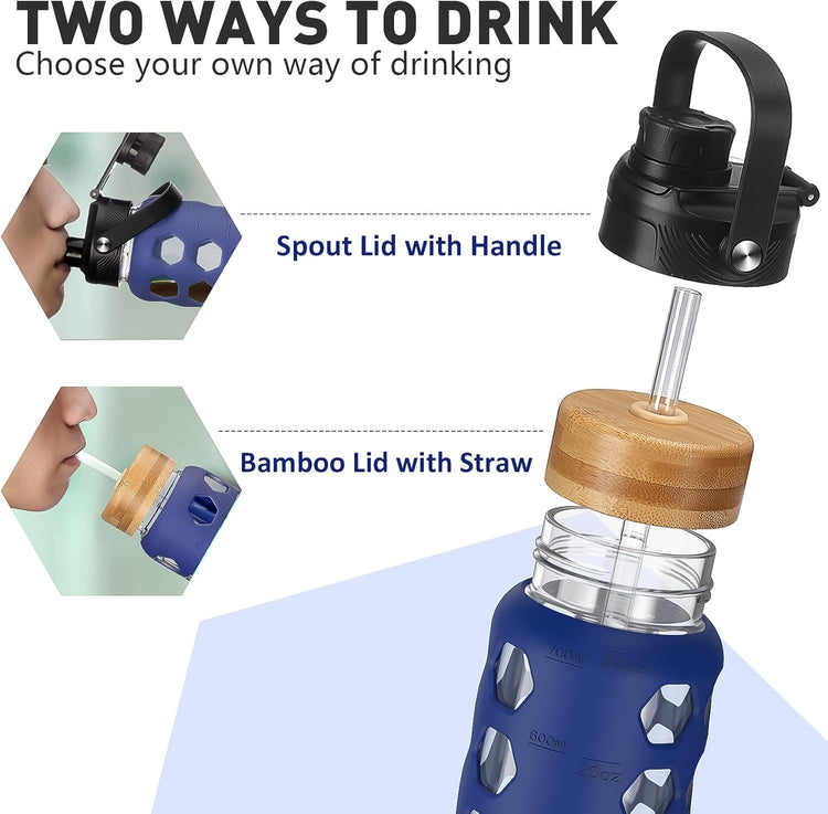 MUKOKO Glass Water Bottles, 24oz Glass Tumbler with Straw, Drinking Bottles with 2 Lids-Handle Spout Lid&Bamboo Straw Lid, Motivational Water Bottle with Time Marker and Silicone Sleeve, 1 Pack-Blue