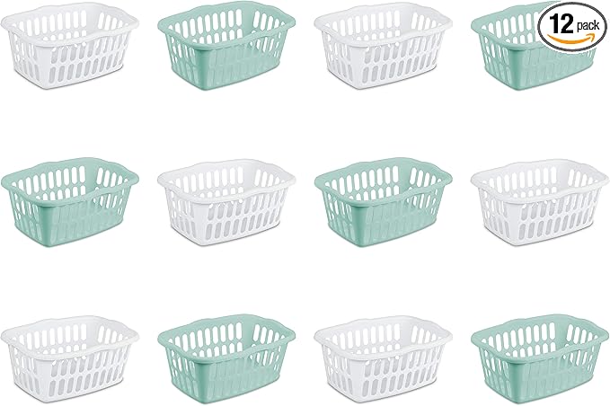 Sterilite 1.5 Bushel Rectangular Laundry Basket, Plastic, Classic Design for Carrying Clothes to and from the Laundry Room, White and Aqua, 12-Pack