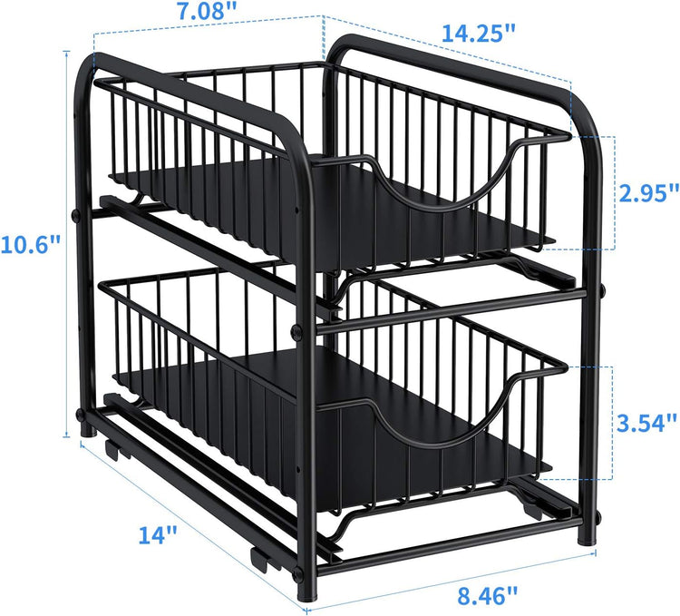 AIYAKA Pull-out Cabinet Organizer, Stackable 2-tier Under Sink Rack, with Sliding Storage Drawer for Pantry, and Desktop, for Bathroom, Kitchen, Office, Black
