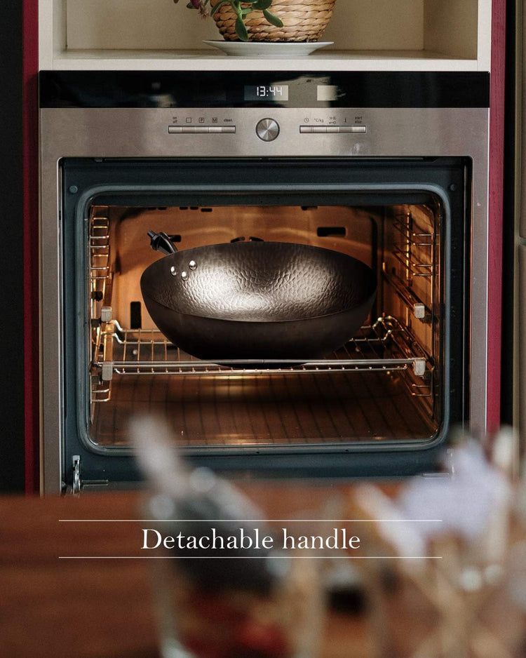 12.5" Wok Pan- Woks and Stir Fry Pans, Carbon Steel Wok, Flat Bottom Wok with Lid Suits for all Stoves