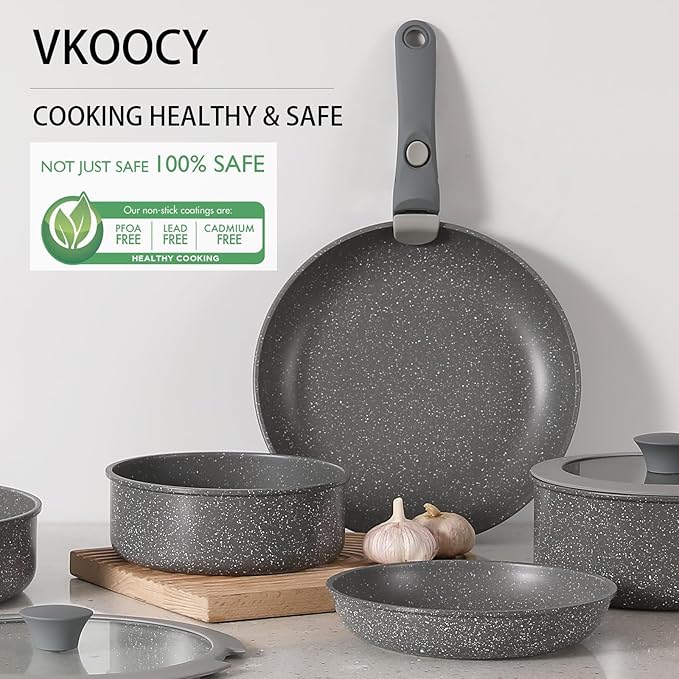 Vkoocy Gray Non Stick Pot and Pan Set with Removable Handle, Ceramic Cookware Set Detachable Handle, 5pcs Induction Kitchen Camping Stackable Pots Pans, Dishwasher/Oven Safe, PTFE/PFAS/PFOA Free