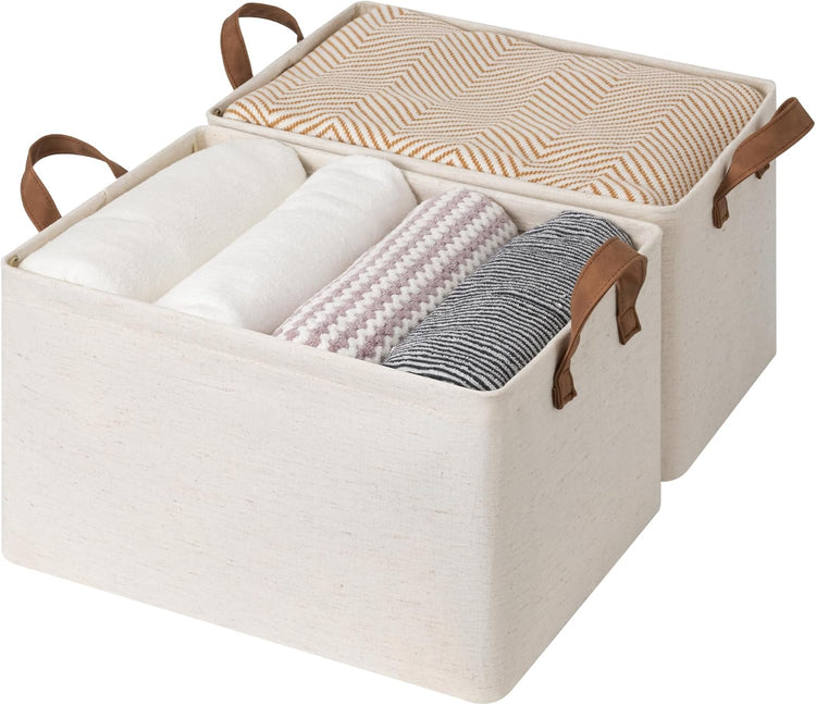 StorageWorks Storage Bins, Shelves Baskets for Organizing, Large Fabric Closet Organizers with Handles, Metal Frame, Beige(Cotton-linen), 2-Pack