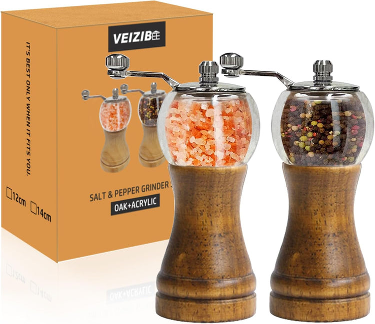 Pepper Mill Set,Manual Pepper Mills, Classical Hand Shake Wooden Pepper Grinder Set,Salt Mills,Wooden Pepper Mill,Ceramic Blades Metal Handle,Enjoy Fresh Ground Pepper (Walnut color 2pcs-6in)