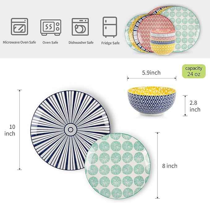 Selamica Ceramic Dinnerware Sets, 12-Pieces Plates and Bowls Sets, Scratch Resistant Dishes set for 4, Dishwasher & Microwave Safe, Assorted Colors