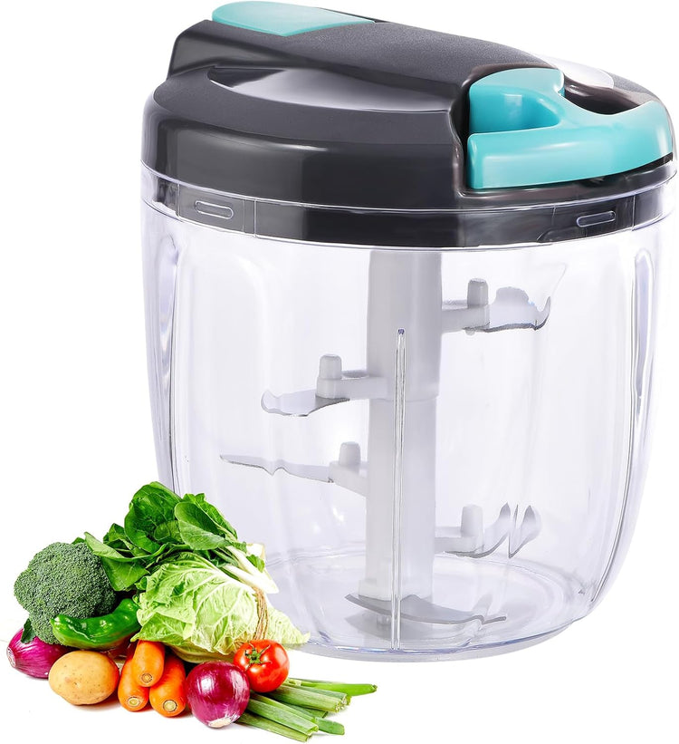 Manual Food Processor Vegetable Chopper, Portable Hand Pull String Garlic Mincer Onion Cutter for Veggies, Ginger, Fruits, Nuts, Herbs, etc., (900ml,Gray-blue)