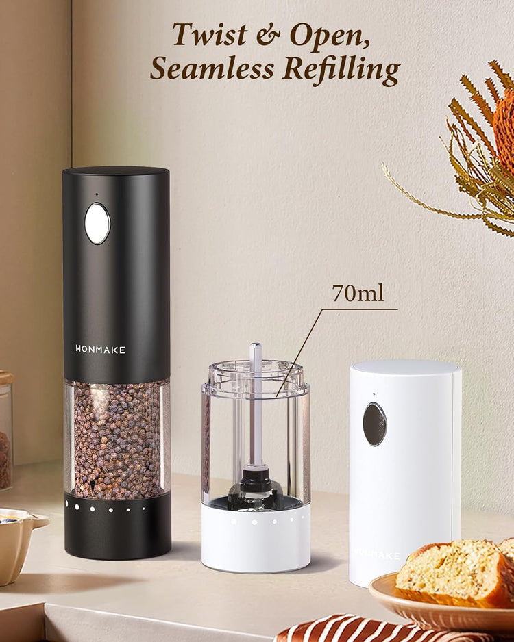 Electric Salt and Pepper Grinder Set - Automatic Refillable Salt and Pepper Grinders with Charging Base & LED Light, 6-Level Adjustable Coarseness with External Dial, Ideal Kitchen Gadget๏ผBlack& White
