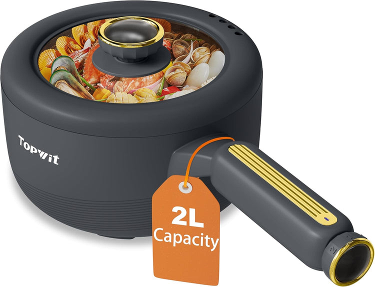 TOPWIT Hot Pot Electric, 2L Electric Pot, Non-Stick Sauté Pan, Portable Cooker for Steak, Egg, Fried Rice, Ramen, Soup with Dual Power Control (Silicone Spatula Included), Grey