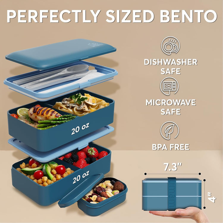 Umami Bento Box Adult All-In-1 w/4 Utensils, Big Sauce Jar, 2 Dividers, 100% Leakproof, Microwave & Dishwasher Safe, Stackable Bento Lunch Box Containers for Men/Women, Denim Blue, 40 oz