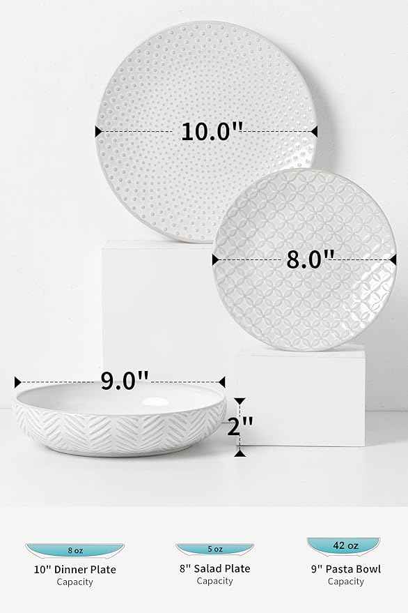 18-Piece Embossed Ceramic Dinnerware Set–6 Dinner Plates,6 Salad Plates,6 Pasta Bowls,Elegant & Durable Tableware,Dishwasher & Microwave Safe,Perfect for Family & Entertaining