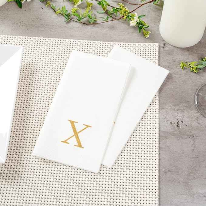 Luxenap 15.8 X 7.9 Inch Linen-Feel Guest Towels, 50 Lettered Hand Towels - Gold Letter 'X', Sans Serif Font, White Paper Dinner Napkins, airlaid, For Restrooms And Tables - Restaurantware