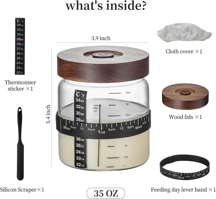 Wissy&Konny Sourdough Starter Jar,Wood Sealed Lid with Automatic Exhaust,35OZ with Ounce Scale Line,Date Marked Feeding Band, Thermometer, Sourdough Jar Scraper,Wide Mouth for Sourdough Bread Baking