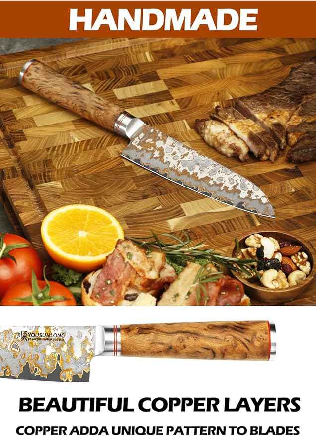 YOUSUNLONG Bunka Chef's Knives - Japanese Handmade CuMai Copper Damascus Steel Blade of 7 Inch - Professional Kitchen Knife Razor Sharp - Naturel Burl Wooden Handle with Leather and Wood Box