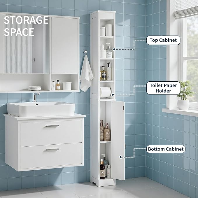 VECELO 71" Tall Bathroom Storage Cabinet, Narrow Storage Cabinet with Adjustable Shelves, Toilet Paper Rod and Magnetic Door, Freestanding Slim Bathroom Storage Cabinets for Small Space, White