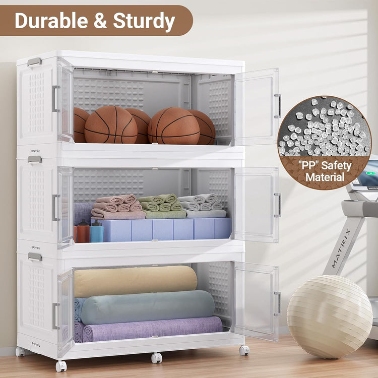 69.3"H 200Gal Plastic Storage Bins with Lid & Wheels,4Pack Extra Large Stackable Storage Bins with Dividers,Closet Organizers and Storage Cabinet Shelves Collapsible Box for Home Kitchen,White