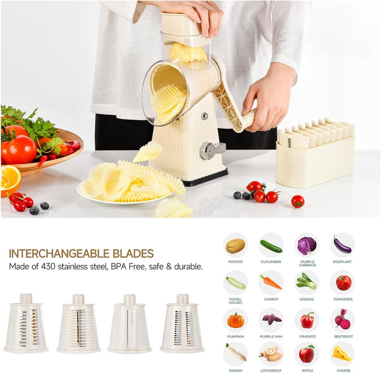 Xilrvna Rotary Cheese Grater, Vegetable Shredder 5 in 1 Cheese Grater with Handle edder Reinforced Suction,Easy to Clean,Kitchen Chopper for Crushed Ice,Fruits and Nuts with Blade Storage Case(white)