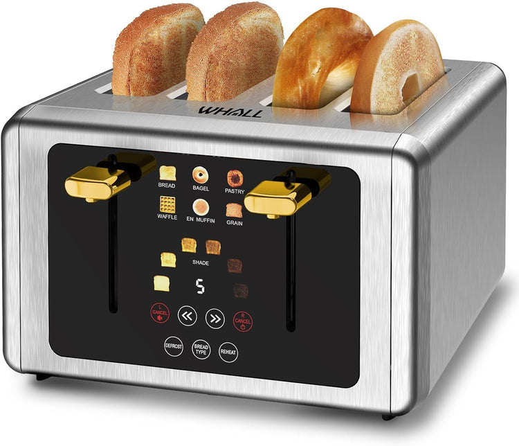 whall 4 Slice Touch Screen Toaster, Stainless Steel Toasters Digital Timer, Dual Control Panel Toasters,6 Shade Settings&6 Bread Types, Smart Wide Slots, Bagel, Cancel, Defrost,Flat lever White