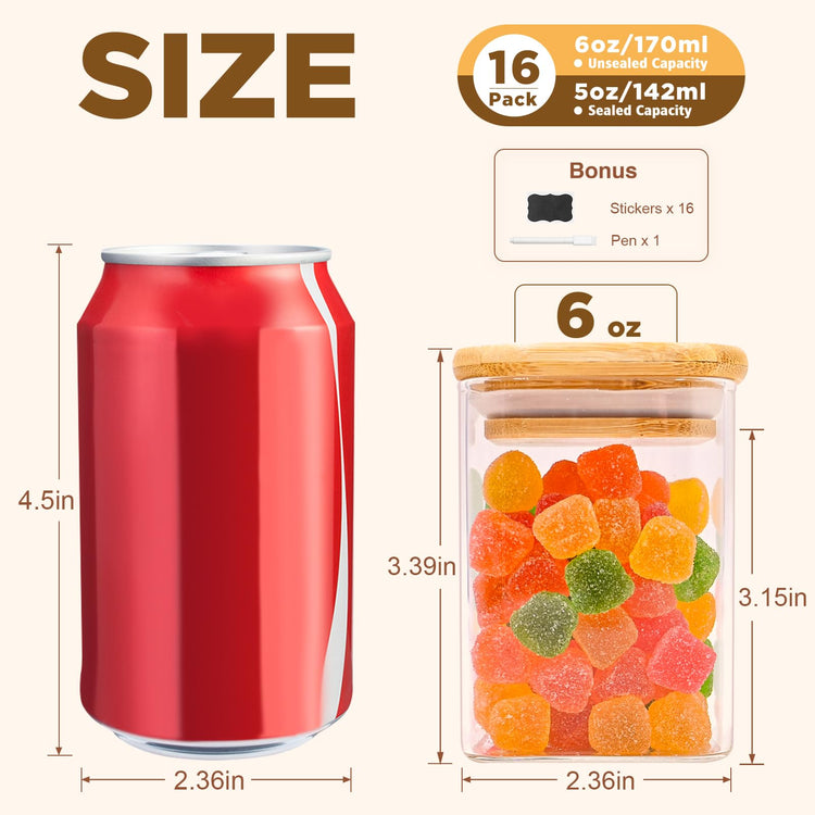Glass Food Storage Jars Square 6oz (16 Count)