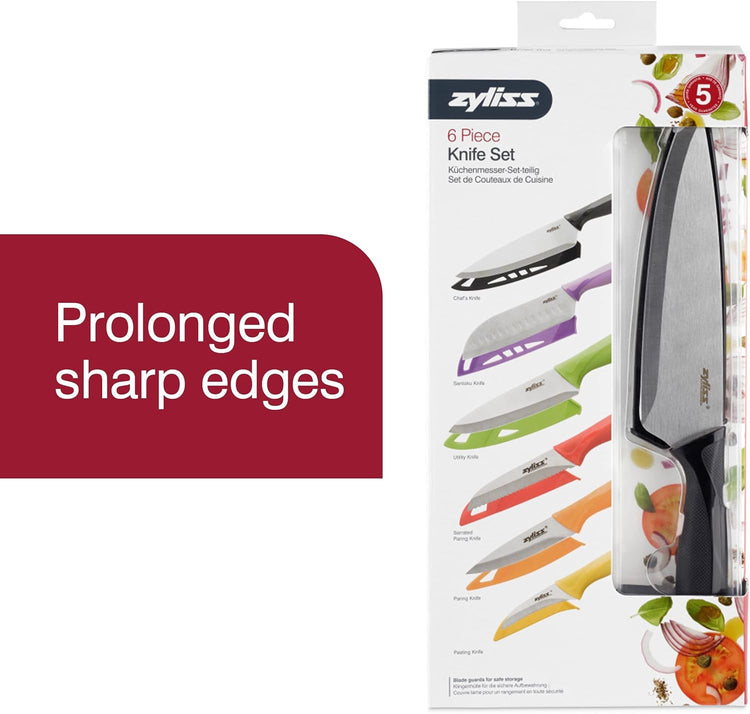 Zyliss 6 Piece Knife Value Set - Kitchen Knife Set with Sheath Covers - Chef's, Santoku, Utility, Serrated Paring, Paring & Peeling Knives - Stainless Steel