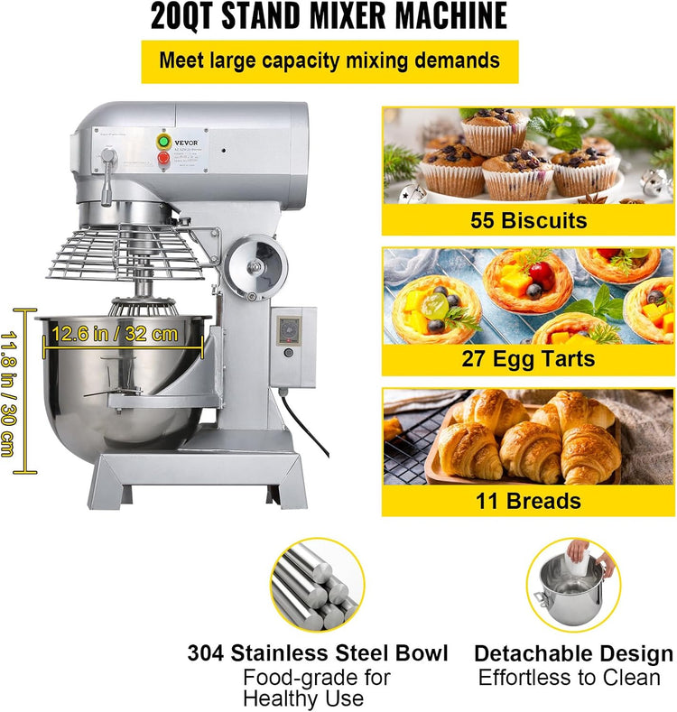 Happybuy 20Qt Commercial Food Mixer with Timing Function, Commercial Mixer 1100W Stainless Steel Bowl Heavy Duty Electric Food Mixer Commercial with 3 Speeds Adjustable, Perfect for Bakery Pizzeria