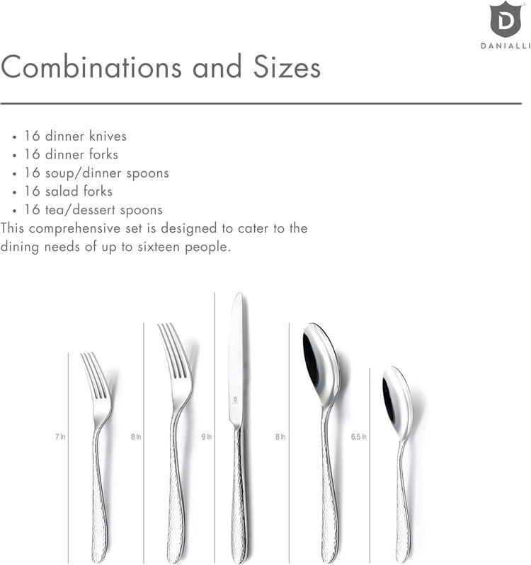 Hammered Silverware Set | Premium 18/10 Stainless Steel Flatware Service for 16 | Heavy-Duty & Dishwasher Safe | Built to Last (80-Piece, Fidenza Hammered)