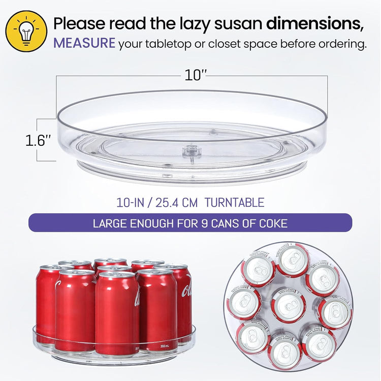 4 Pack, 10 Inch Clear Non-Skid Lazy Susan Organizers - Turntable Rack for Kitchen Cabinet, Pantry Organization and Storage, Fridge, Bathroom Closet, Vanity Countertop Makeup Organizing, Spice Rack