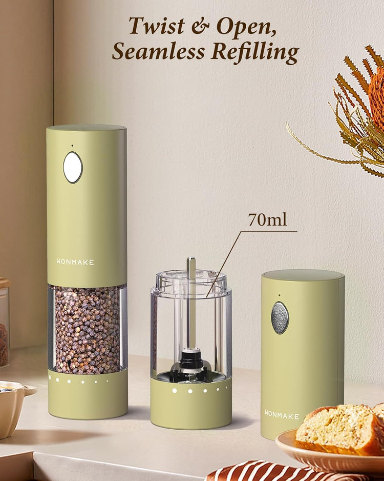 Electric Salt and Pepper Grinder Set - Automatic Refillable Salt and Pepper Grinders with Charging Base & LED Light, 6-Level Adjustable Coarseness with External Dial, Ideal Kitchen Gadget๏ผGreen