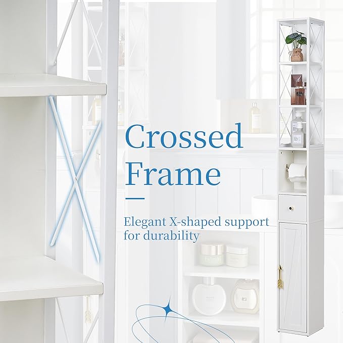 VECELO 67" Narrow Storage Cabinet, Tall Slim Corner Cabinet, Corner Storage with X-Shaped Metal Frame, Toilet Paper Holder, Magnetic Door, Ideal for Small Space, White