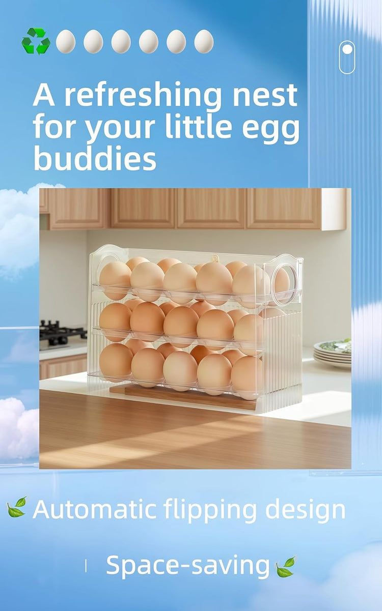 Auto-Flip egg storage for refrigerator,side fridge storage rack egg tray for refrigerator,Eggs Holder Countertop with Timers, Space-Saving Eggs Dispenser for Refrigerator, 30 Eggs Container for