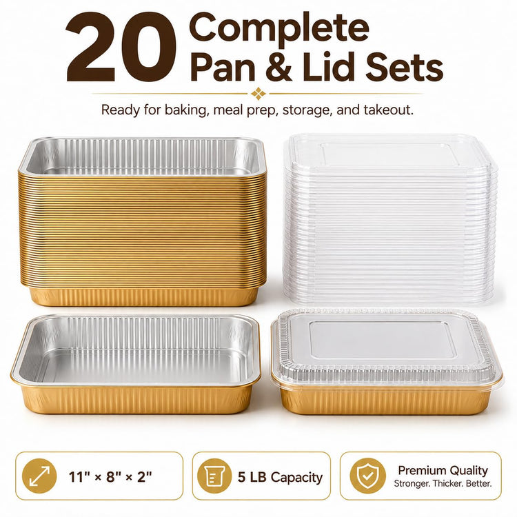 20 Pack 11"×8"×2" Aluminum Pans with Lids Heavy Duty (20 Count)