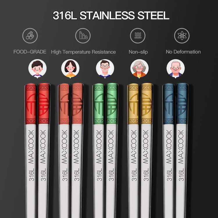 Metal Chopsticks, 5 Pairs 316L Stainless Steel Chopstick,Non-Slip Sushi Chop sticks with Laser Engraving, Reusable Chopsticks for Japanese Cuisine (9.25 Inch)