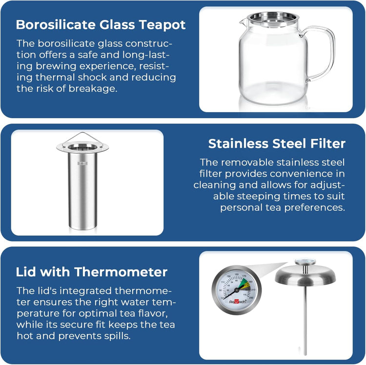 Aquach 68oz Glass Teapot with Built-in Thermometer, Stovetop & Dishwasher Safe, Borosilicate Carafe and Stainless Steel Removable Infuser