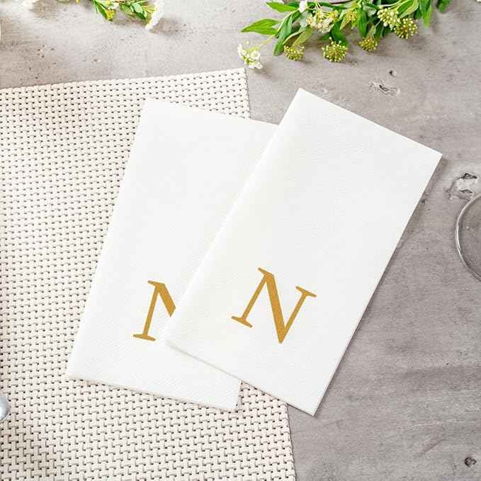 Luxenap 15.8 X 7.9 Inch Linen-Feel Guest Towels, 50 Lettered Hand Towels - Gold Letter 'N', Sans Serif Font, White Paper Dinner Napkins, airlaid, For Restrooms And Tables