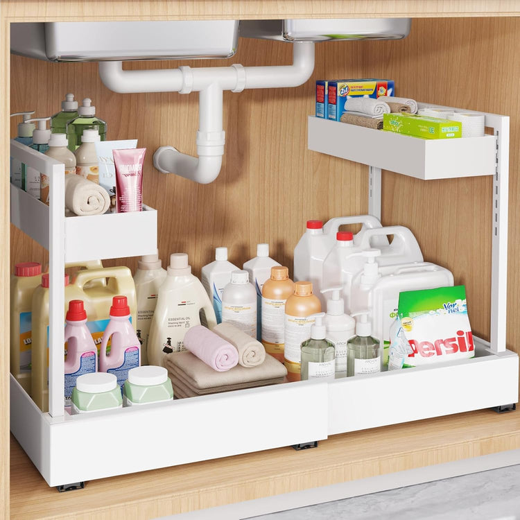 Expandable Under Sink Organizer with 3 Ball-Bearing Slide Rails, 2-Tier Pull-Out Under Cabinet Storage Shelf for Kitchen & Bathroom, Height-Adjustable Slide-Out Cabinet Drawer (White, 1-Pack)