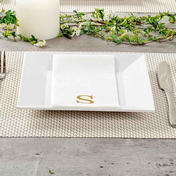 Luxenap 15.8 X 7.9 Inch Linen-Feel Guest Towels, 2000 Lettered Hand Towels - Gold Letter 'S', Sans Serif Font, White Paper Dinner Napkins, airlaid, For Restrooms And Tables