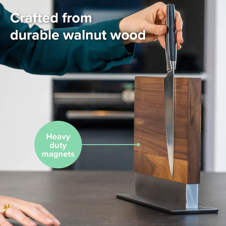 Coninx Magnetic Knife Holder with display stand, Double Sided Strong Magnetic Knife block for Kitchen counter top, Universal empty storage Organizer Block (Walnut Wood)