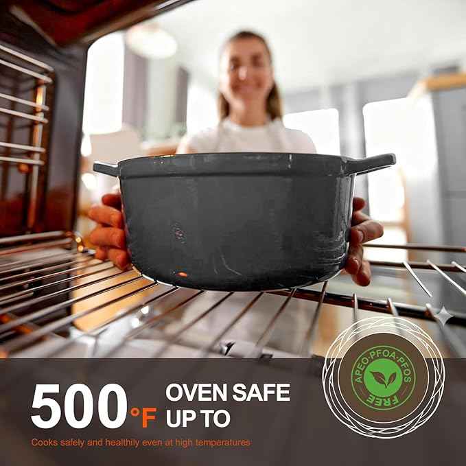 Overmont Refined Enameled Cast Iron Dutch Oven - 5.5QT Pot with Wide Handles Lid Cookbook & Cotton Potholders - Heavy-Duty Pre-Seasoned Cookware Oven Safe to 500ยฐF for Braising, Stews, Roasting, Bread Baking
