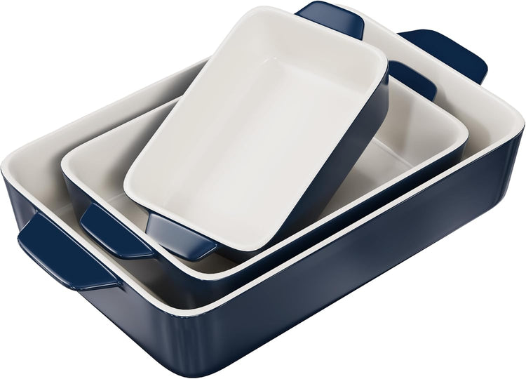 Kook Casserole Dish, Ceramic Baking Dish, Large Lasagna Pan Deep for Oven, 8.5 x 14, 11 x 7, 8 x 5, Set of 3, 92oz, 50oz, 20oz, Baking Pan with Handles, Oven Safe and Durable, Home, Gift, (Navy)