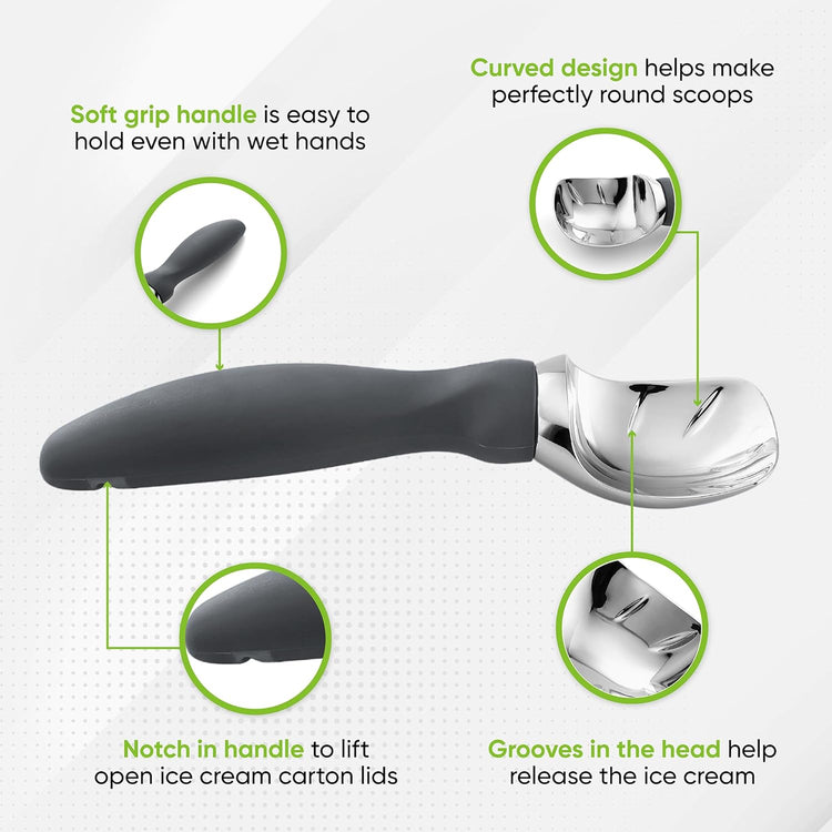 Spring Chef Gray Heavy Duty Ice Cream Scoop with Comfortable Soft Grip Handle, Dishwasher Safe Ice Cream Scooper, Professional Metal Kitchen Tool for Frozen Yogurt, Gelato, Sorbet, Sundae, Melon