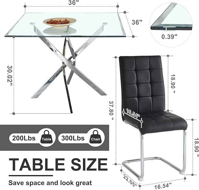 AF ARTISAN FURNITURE 5 Piece Square Glass Dining Table Set, Silver Glass Kitchen Table Set for 4 Modern Table Set with 4 Black PU Upholstered Dining Chairs, for Small Space, Breakfast Nook