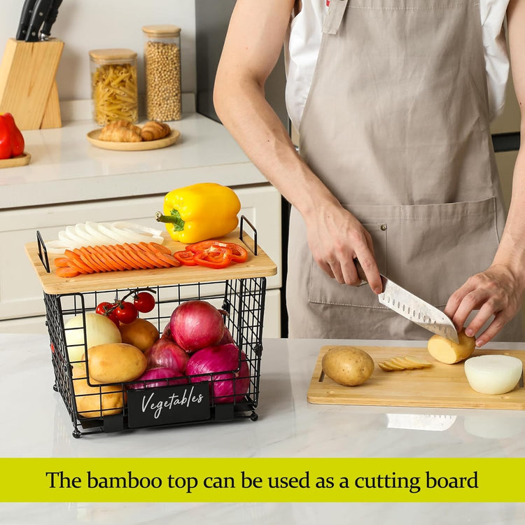 2 Set Large Stackable Wire Basket with Bamboo Tops & Tag- Pantry Organizer and Storage Bins, Kitchen Counter Cabinet Shelf Countertop Under Sink Organizing for Food Snack Produce Onion Potato Bread