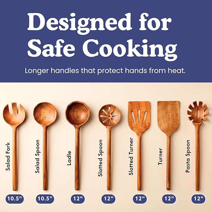 Non-Toxic Wooden Spoons for Cookingโ 7-Piece Kitchen Utensils Set, Glue-Free & One-Piece Cooking Utensils, Natural Wooden Utensil Set with Plant-Based Finish, Free of Forever Chemicals