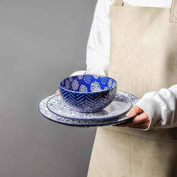 Selamica Ceramic Plates and Bowls Sets, 32 Pieces Dinnerware Sets for 8, Scratch Resistant Embossed Dishes Set for Family Gatherings, Dishwasher & Microwave Safe, Dark Blue