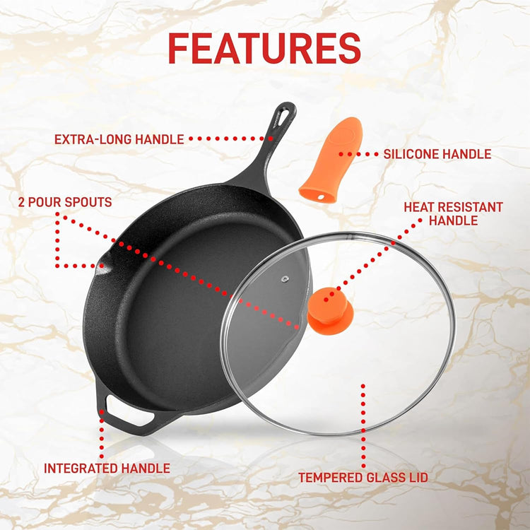 NutriChef 12-Inch Cast Iron Skillet w/Lid - Pre-Seasoned, Oven Safe, Nonstick, Cool-Touch Silicone Handle, For All Cooktops - NCCI12 - Nestoria